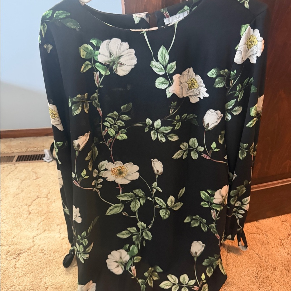 H&M Black dress with White and Green Floral Design